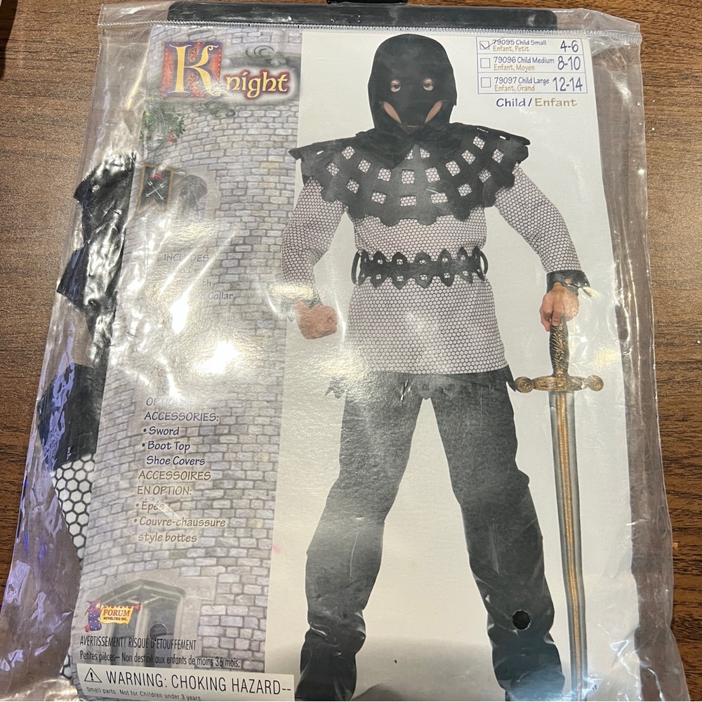 Knight Halloween Costume Child S 4-6 Hood, Shirt With attached Collar & Belt NOS